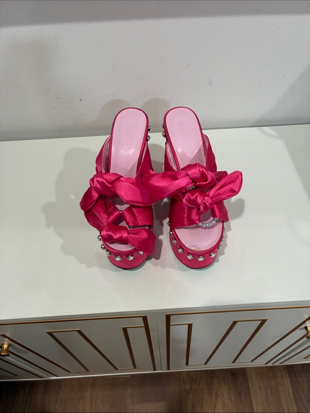 Sugar Thrillz Hot Pink Satin Bow Platform Clogs